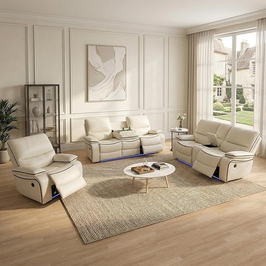 Leather Power Recliner Sofa Set with LED, Living Room Furniture Set, Leather Sofa Set with USB Port Storage Console Cup Holder for Office Living Room Home (Cream White-3)