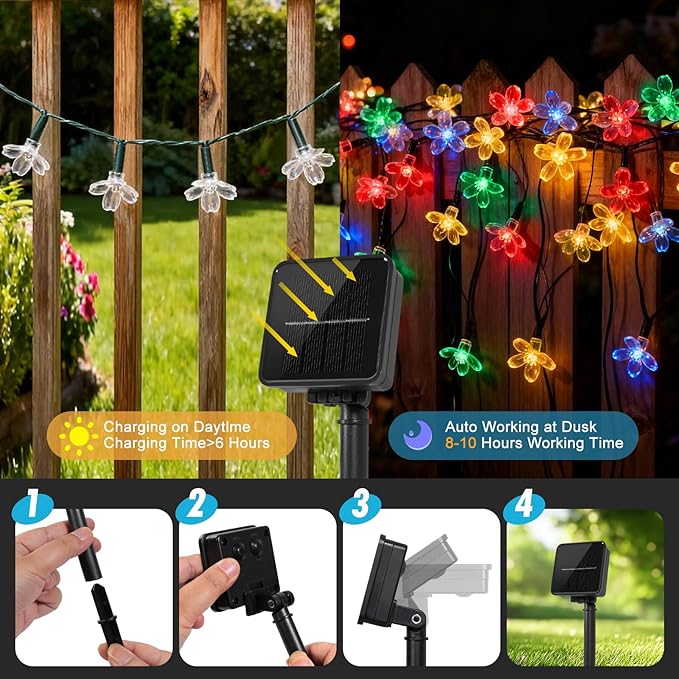 2 Pack Total 52FT 120 LED Solar String Lights Outdoor Waterproof Flower Fairy Lights for Garden Fence Patio Yard Christmas Tree Lawn Wedding Party Decor, Multicolor