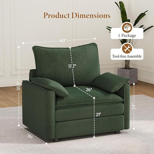 Vesgantti 40" Single Seat Sofa, Comfy Cloud Couch Deep Seat Upholstered Couch Chenille Modern Sofa with Armrest Pillows, Easy Assembly for Living Room, Bedroom and Apartment, Green | Sink-in Comfort, Height Adjustable, Easy Rearrangement, Extra-deep Ot...