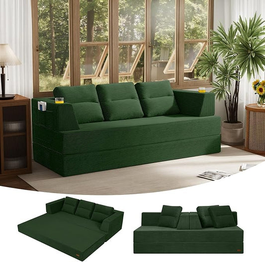 COMAX Futon Sofa Bed Queen, 79" Convertible Sofa Bed Couches for Living Room, 4 in 1 Folding Boneless Sleeper Corduroy Couch Loveseat Foam In a Box, Comfy Foldable Lounge Fold Out Floor Mattress Green