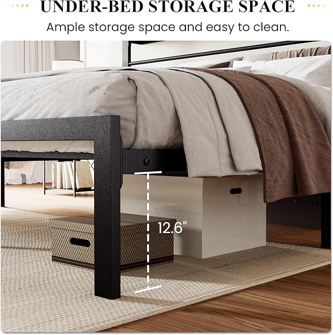 SHA CERLIN King Size Bed Frame with Headboard Shelf and Strong Metal Foundation, No Box Spring Needed, Black