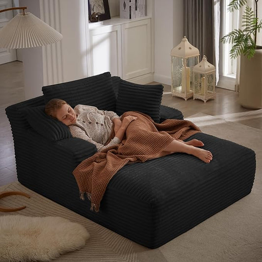 49.2" Full Foam Oversized Chaise Lounge Chair Cozy Cloud Couch, Modern Plush Corduroy Upholstered Sleeper Sofa Daybed with 3 Throw Pillows and Wide Armrest for Living Room, No Assembly Required