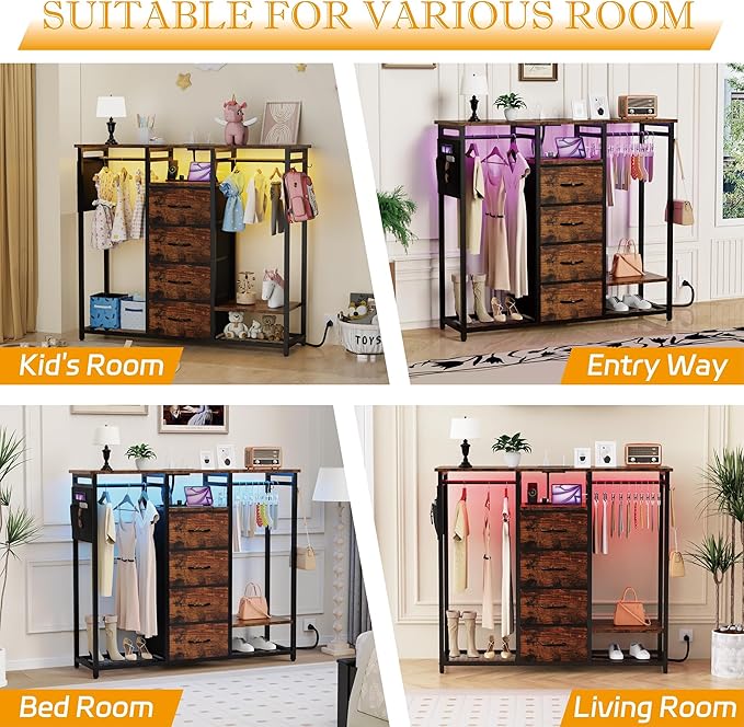 Dresser for Bedroom with 2 Hanging Racks, 4 Drawer Storage Unit with Led Light and Charging Station, Brown Dresser with Clothes Rack, Bedroom Organization with Side Pocket and Hooks, Brown