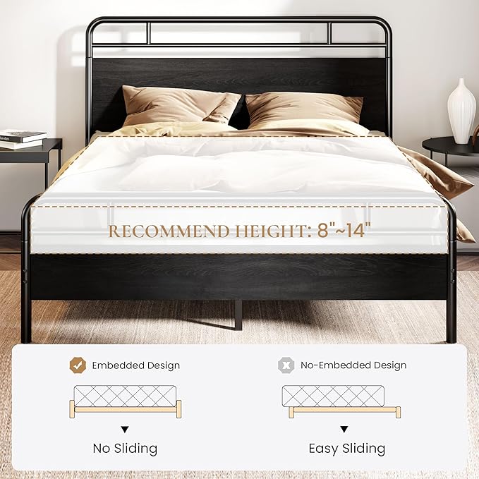 SHA CERLIN Full Size Bed Frame with Vintage Industrial Wood Headboard, Heavy Duty Metal Platform with 12" Under-Bed Storage, Mattress Foundation, No Box Spring Needed, Noise-Free, Easy Assembly, Black