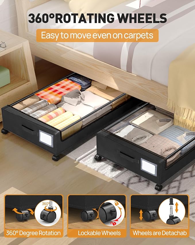 Under Bed Storage with Wheels, Square Under Bed Storage Containers, 4 Pack Under The Bed Storage Bins, 60L Under Organizer with Clear Lids, Rolling Underbed Storage For Clothes, Shoes...