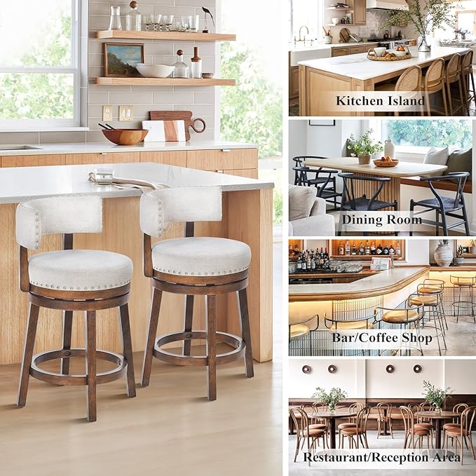 COLAMY Swivel Bar Stool, 25 Inch Wood Swivel Barstool with Back, Counter Height Bar Stools, Modern Upholstered Barstool for Kitchen Island Dining Room Bar, Beige