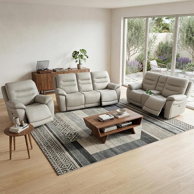 Power Reclining Sofa Set, Genuine Leather Recliner Couch, Light Grey Leather Sofa and Loveseat, Chair, Top Grain Leather Furniture with Cup Holders/Storage/USB Port for Living Room, Apartment, Office