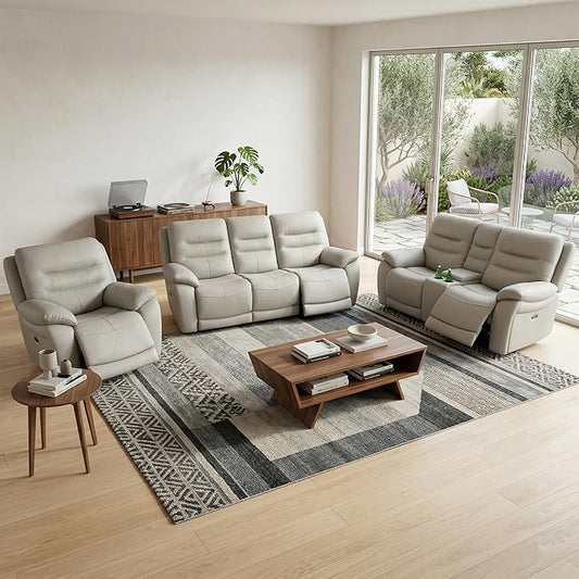 Power Reclining Sofa Set, Genuine Leather Recliner Couch, Light Grey Leather Sofa and Loveseat, Chair, Top Grain Leather Furniture with Cup Holders/Storage/USB Port for Living Room, Apartment, Office
