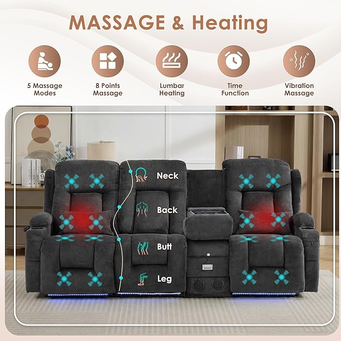 TUNYI Wall Hugger Loveseat Recliner Sofa with Console, Power Reclining Loveseat RV Couch with Massage & Heat/USB/Outlet/Storage/LED Light/Speaker (Dark Grey, 4 Seat)