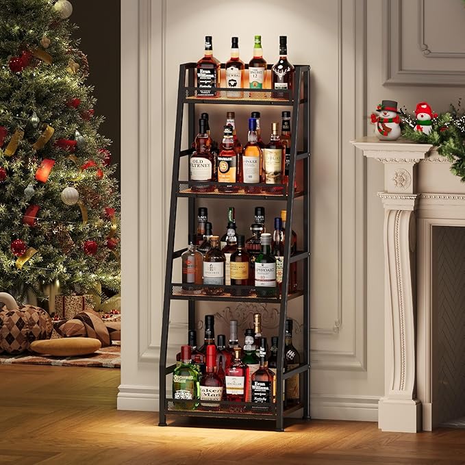 4-Tier Trapezoid Liquor Stand for Home Bar, Stepped Wine Rack Freestanding Floor for Liquor Whiskey Wine, Versatile Corner Wine Bottle Display Stand with Fences, Vintage Brown（Patent Pending）