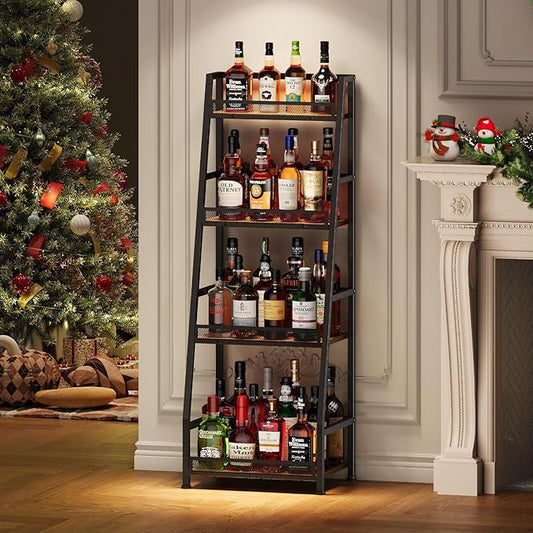 4-Tier Trapezoid Liquor Stand for Home Bar, Stepped Wine Rack Freestanding Floor for Liquor Whiskey Wine, Versatile Corner Wine Bottle Display Stand with Fences, Vintage Brown（Patent Pending）