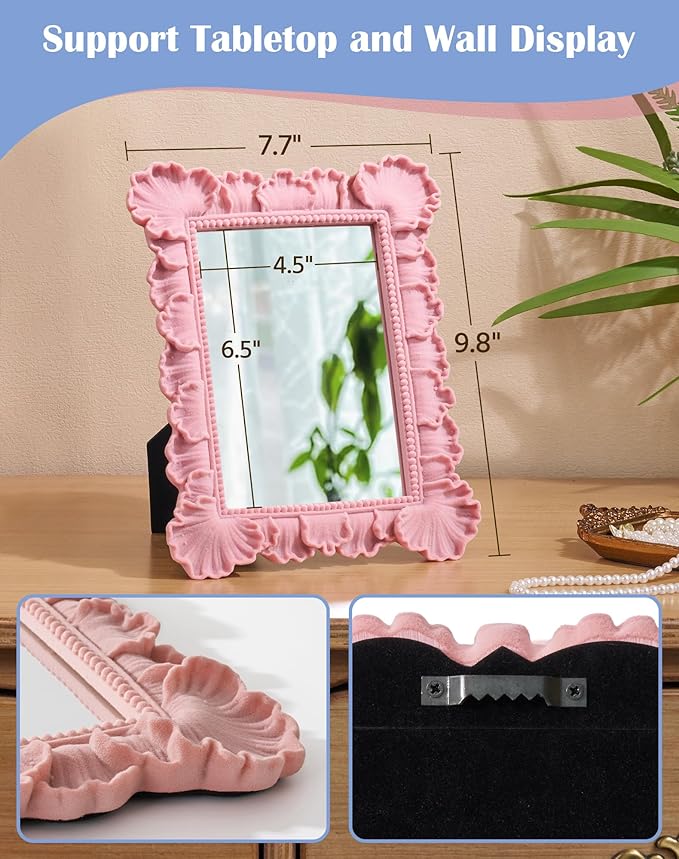 Cute Makeup Mirror Decor for Girl Bedroom Nursery Dorm Playroom, 9.8x7.7 Resin Framed Wall Mirror for Bathroom Hallway Living Room, Gift for Mother's Day Valentine's Day Wedding (Soft Pink)
