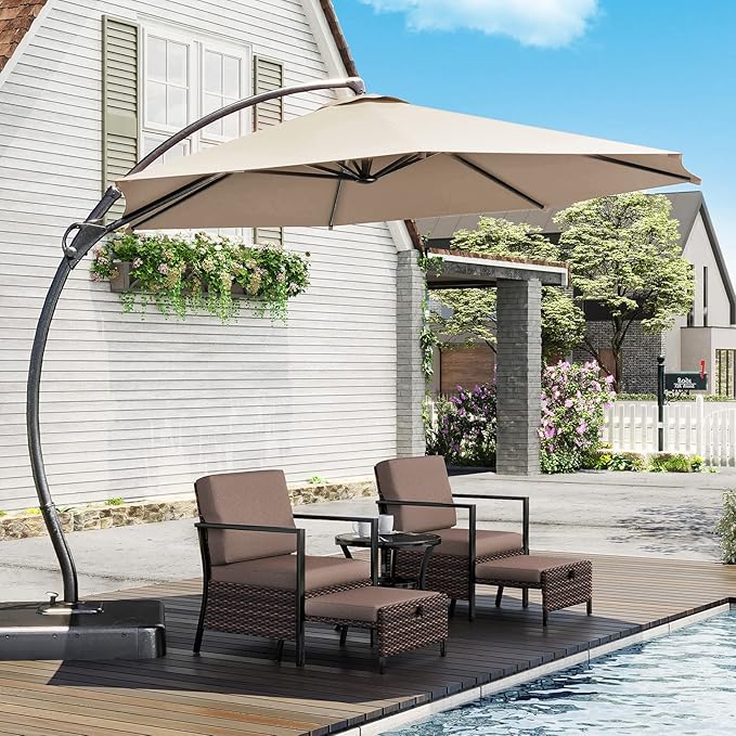 LAUSAINT HOME Outdoor Patio Umbrella with Base included, Deluxe Curvy Cantilever Umbrella Heavy Duty Offset Hanging Umbrella
