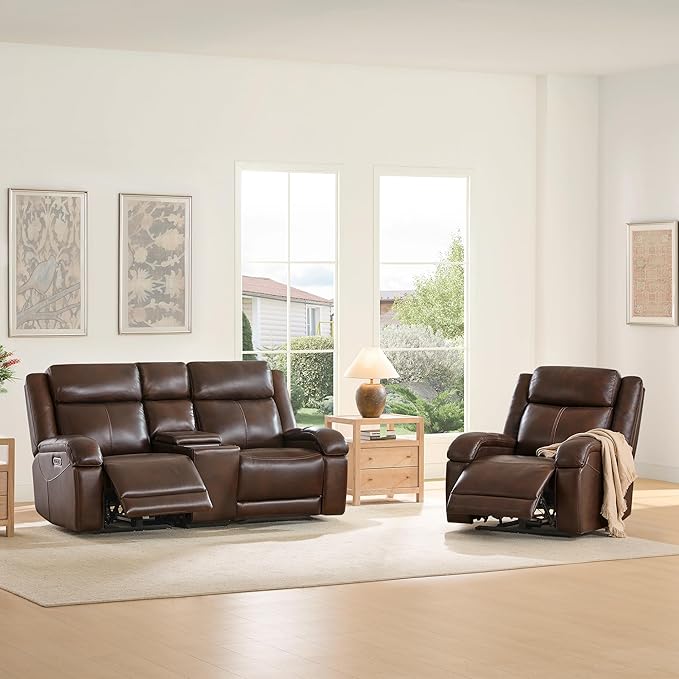 Watson & Whitely Genuine Leather Power Loveseat Recliner Sofa, Wall Hugger Loveseat Reclining Sofa with Storage Console, Power Headrest, Cup Holders, Dual Recliners for Living Room, RV, Dark Brown