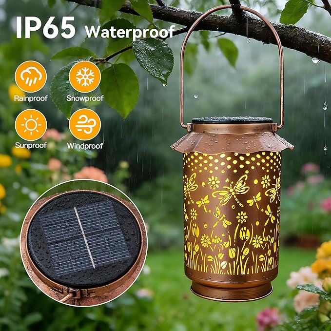 Ollny Solar Lanterns Outdoor Waterproof Dragonfly, for Mothers Day Birthday Thanksgiving Gifts for Mom Grandma Sister Women Her, Hanging Solar Metal Lights for Garden Backyard Patio Decor