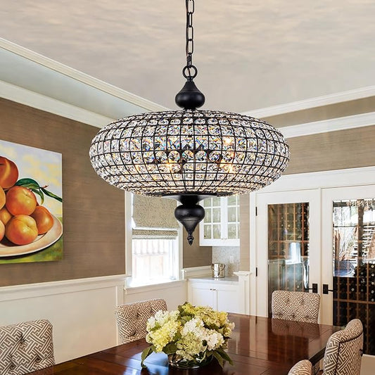 21" Black Gold Crystal Chandelier, Large Farmhouse Dining Room Light Fixture, 5-Light Vintage Crystal Hanging Chandelier for High Ceiling Living Room Kitchen Island