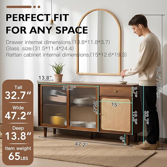 Tiita Bamboo Sideboard Buffet Cabinet, Rattan Kitchen Storage Cabinet with Drawer, Boho Coffee Bar Tables for Kitchen Hallway Office, Walnut