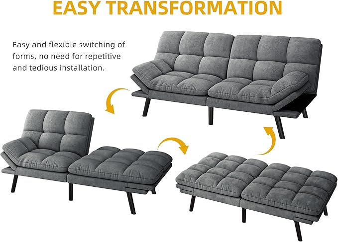 YITAHOME Convertible Futon Sofa Bed, 70" Folding Futon Set for Living Room Home Office Aprtment, Modern Futon Couch with Adjustable Backrest & Armrests, Recliner Lounge, Loveseat Sofa