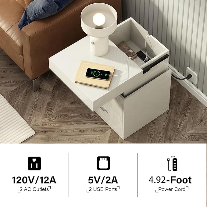 ChooChoo LED Nightstand with Charging Station, Smart Night Stand with Sliding Top Storage, 2-Drawers High Gloss Bedside Table, Modern End Table for Bedroom,White