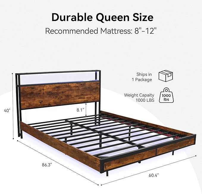 BedsPick Queen Bed Frame with 2-Tier Storage Headboard, Metal Platform Queen Size Bed Frame with Smart LED Lights & USB Charging Station, Noise-Free/Metal Support/No Box Spring Needed, Brown