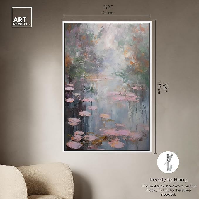 Art Remedy Pink Impressionisty Lilypads Framed Impressionism 1 Piece Canvas Wall Art/Monet And Van Gogh Inspired Art, 37" x 55", White Frame