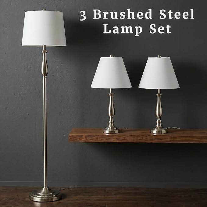 3-Piece Home Lighting Set - Coordinating Bundle with 2 Table Lamps and 1 Floor Lamp for Home and Office Decor by Lavish Home (Silver)