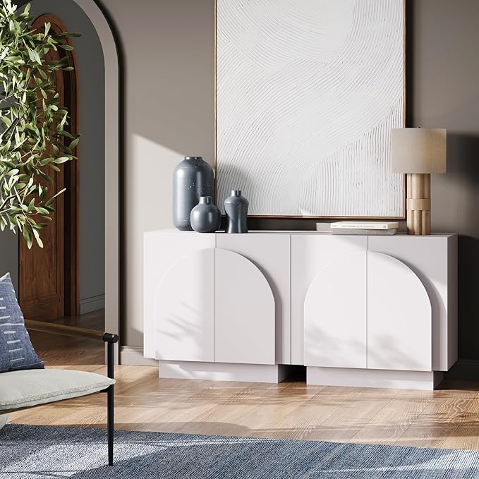 Nathan James Iris Mid-Century Modern Credenza, White TV Stand, Living Room Wood Storage Cabinet with Arched Cabinet Doors, Set of 2