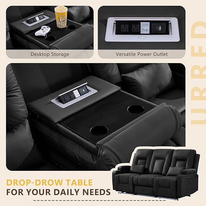 URRED Power Loveseat Recliner Sofa with Console, Wall Hugger Reclining Loveseat RV Couch with LED Light, 150° Zero Gravity Recliners Modular Couches for Living Room (Black, 77.3'' - 3 Seats)