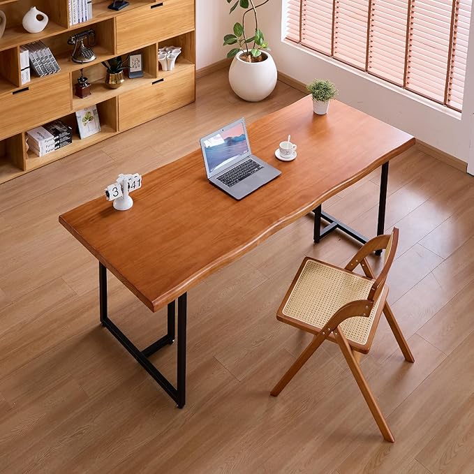 62.99" Wood Brown Solid Wood Dining Table, Heavy-Duty Metal Legs Leisure Table for Home Office, Kitchen & Restaurant Use