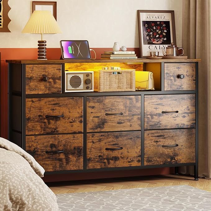 Fixwal TV Stand Dresser for Bedroom with Storage and LED Lights, Rustic Brown 55" TV Stand with 8 Drawers, Fabric Chest of Drawers with Wood Grain Finish for Entryway