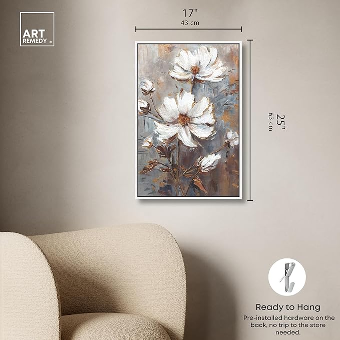 Art Remedy White Textured Flowers Canvas Elegant Floral Wall Art, White Frame, 16" x 24"