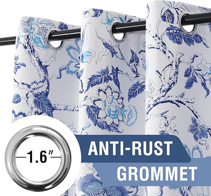 H.VERSAILTEX Blackout Curtains 108 Inch Length 2 Panels Set Floral Print Curtain Drapes for Living Room Thermal Insulated Grommet Window Curtains for Bedroom - Traditional Floral in Blue and White
