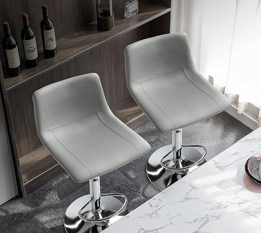 Finnhomy Bar Stools Modern PU Leather, Bar Stools Set of 2 Counter Height, Swivel Barstools with Footrest and L Shape Back, Height Adjustable Modern Bar Chairs for Kitchen, Grey