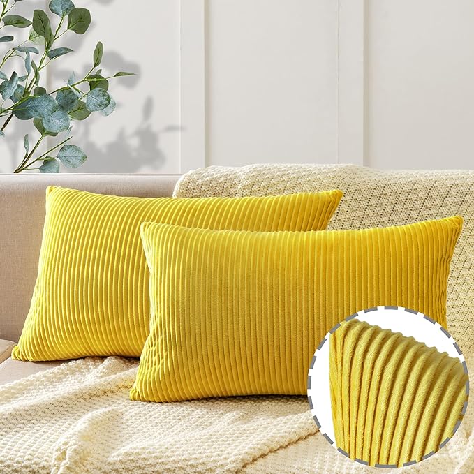 YCOLL Yellow 12x20 Pillow Cover Set of 2 Velvet Striped Pattern - Soft Throw Pillows for Home Decor, Luxury Decorative Pillow Covers for Couch, Bed,Living Room