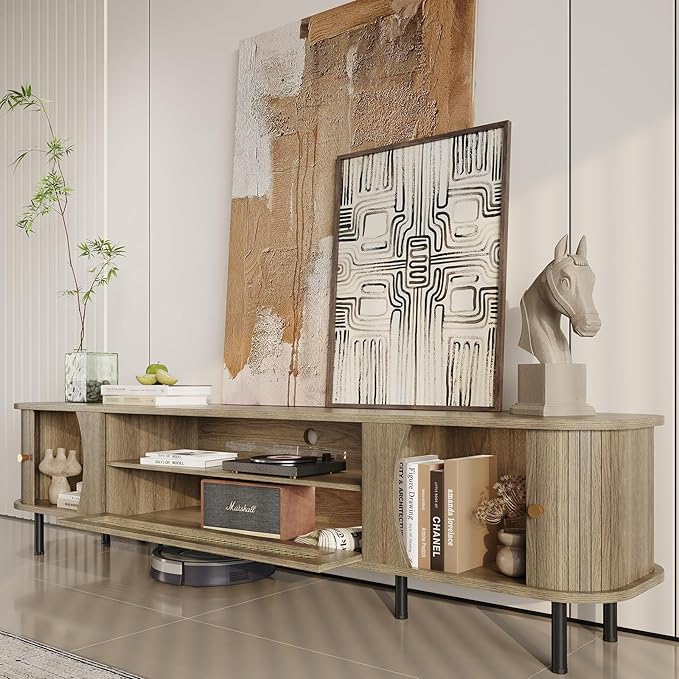 basenji 79" Fluted TV Stand with Sliding Doors & Rattan,Mid Century Modern Entertainment Center with Storage,Curved Edge Design,Media Console for TVs up to 85",TV Consoles for Living Room,Oak
