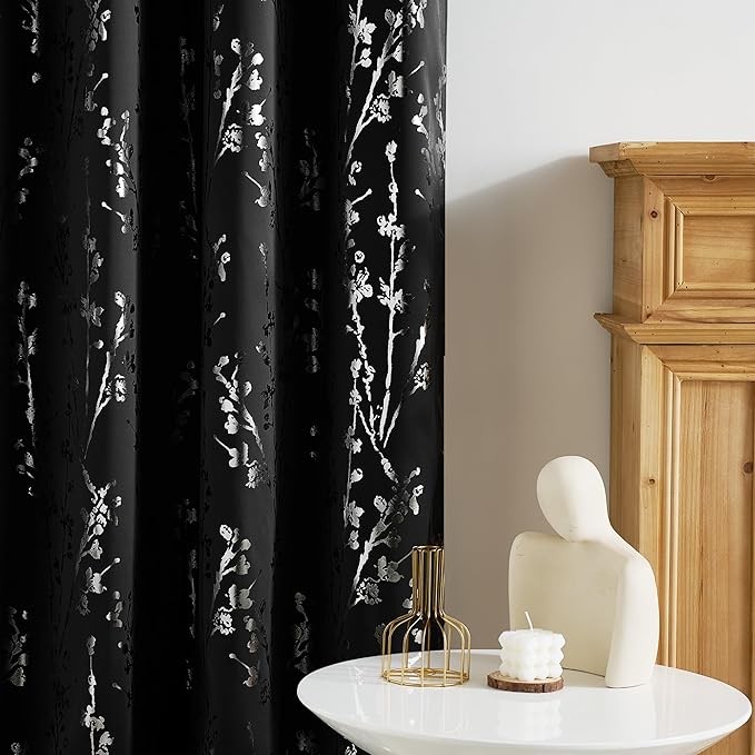 NICETOWN 100% Black Out Curtains 96 inch Long for Living Room, Grommet Silver Foil Printed Floral Blackout Curtains Thermal Drapes Branch Pattern for Bedroom, W52 x L96, 2 Panels