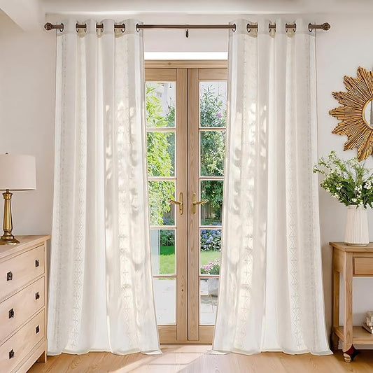 NICETOWN Cream Linen Curtains 96 inch Long, Farmhouse Ivory White Embroidered Drapes for Cottage, Light Filtering Bronze Grommet Top Chic Geometric Patterned Panels, W52 x L96, 1 Pair