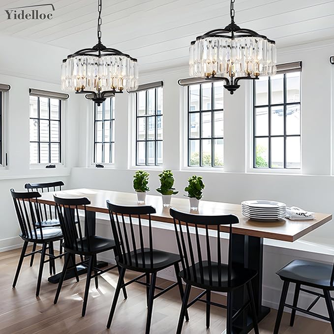 Modern Crystal Chandelier for Dining Room - Adjustable 5 Lights Black Farmhouse Pendant Light Fixture Hanging for Foyer Bedroom Living Room Hallway Kitchen
