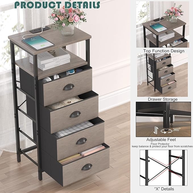 Nightstand with Charging Station,LED Grey Nightstand with 4 Fabric Drawers, Bedside End Tables, 2-Tier Open Storage Shelf Side Table Nightstand with Drawers for Bedroom,Grey