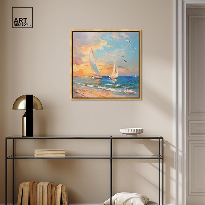 Art Remedy Sailboats In The Sunset Framed Sailing 1 Piece Canvas Wall Art, 25.5" x 25.5", Gold Frame