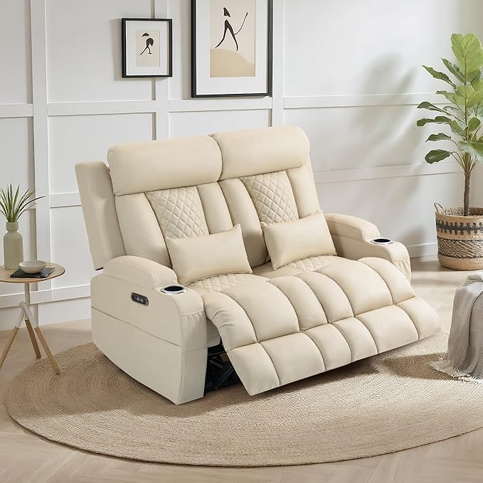 2-Piece Power Reclining Sofa Set, 3-Seater Sofa with Drop-Down Console & 2-Seater Loveseat, Zero Wall Hugger Electric Recliner Couch with Adjustable Headrest, AC Outlets (Beige, Loveseat)