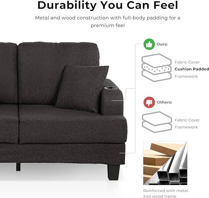 Homes: Inside + Out Reese Modern Plush Boucle Comfortable Loveseat with Side Pockets, Cup Holders and Pillows, Wooden Soft Couch for Living Room, Bedroom and Office, Beige