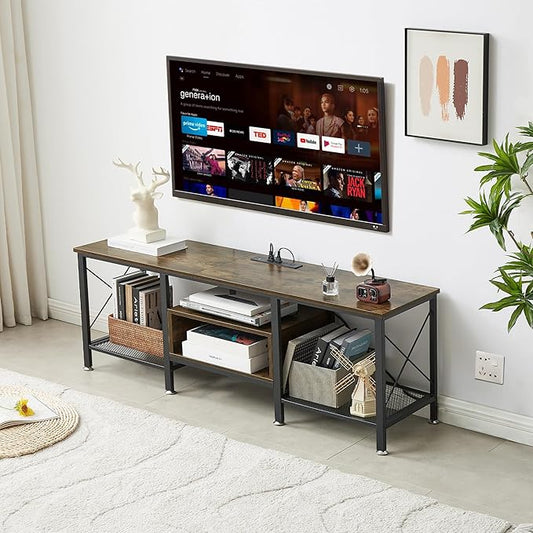 VECELO TV Stand with Power Outlets for 65 Inch Industria Media Entertainment Center with Charging Station, 3-Tier Open Shelves & Metal Frame for Living Room, Bedroom, 55 Inch, Brown