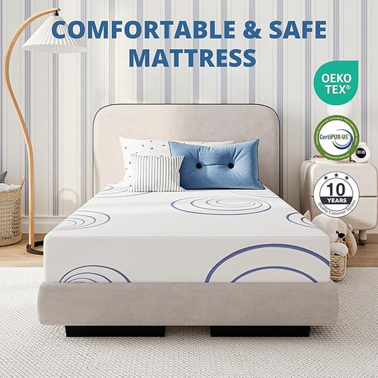 EGOHOME 8 Inch Full Mattress, Charcoal Gel Cooling Memory Foam Mattress in a Box, Medium Fiberglass Free, CertiPUR-US Certified, Blue