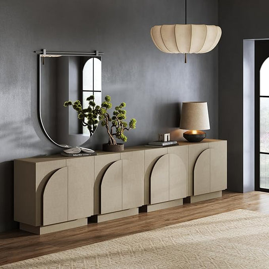 Nathan James Iris Mid Century Modern Arched Curio Cabinet with Beige Linen Finish, Wooden Storage Cabinet with Doors Set of 4