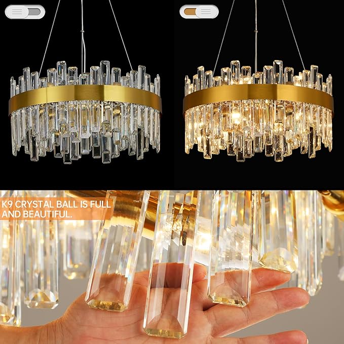 Crystal Chandeliers for Dining Room Lights Fixtures, 12 Lights Luxury Gold Modern Chandeliers for Bedroom, 2-Tier Round Crystal Lighting Fixtures for Living Room Entryway Kitchen Island D20 Inch