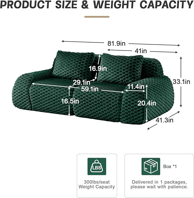 KEIKI 81.9" Loveseat Boneless Couches for Small Living Room, Cozy Modular Sectional Velvet Sofa, Thick Cushion Deep Seat Couch for Apartment Furniture, Modern Decor, 2-Seater Sofa Indoor, Green