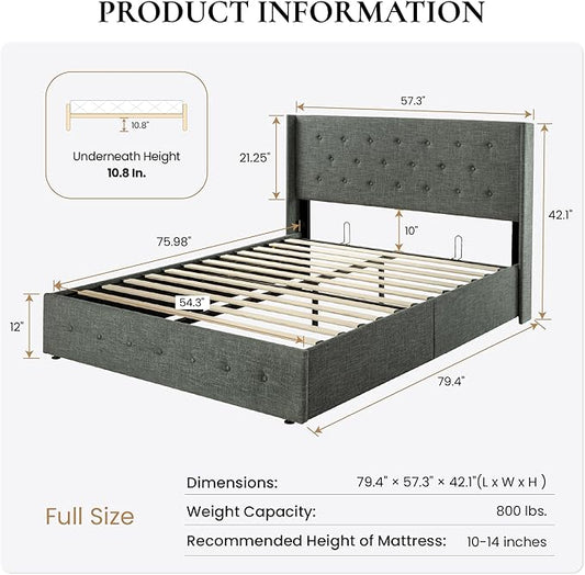 SHA CERLIN Full Size Lift Up Storage Bed Frame,Button Tufted Wingback Headboard,Upholstered Platform,Hydraulic Storage,Wooden Slat Support,No Box Spring,Dark Grey