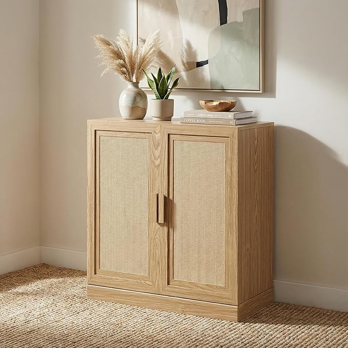 Casaphoria Adam Sideboard Buffet Cabinet with Storage, Sideboard Cabinet with Rattan Doors & Adjustable Shelves, 31" W x 36" H Coffee Bar for Entryway Kitchen Living Room, Oak