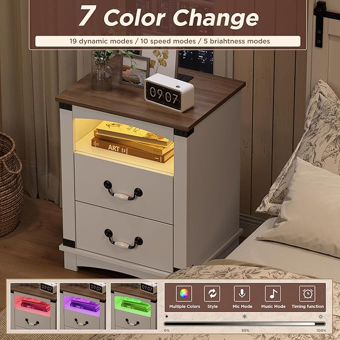 Maupvit Farmhouse Nightstands Set of 2 with Charging Station & Ceramic Handle, Wood Night Stand with 2 Storage Drawers, LED End Tables Living Room, Bedside Table for Bedroom, Antique White